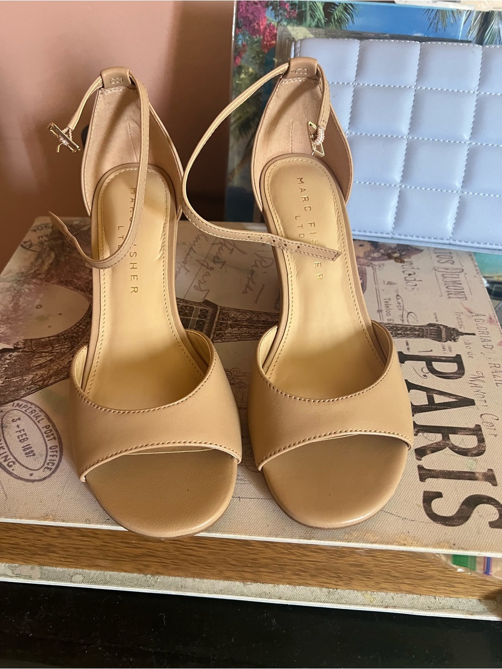 Marc Fisher Beige Open-Toe Ankle-Strap Heels